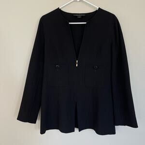 ST. JOHN Black Crepe Wool V-Neck Zip Jacket (Size 6)